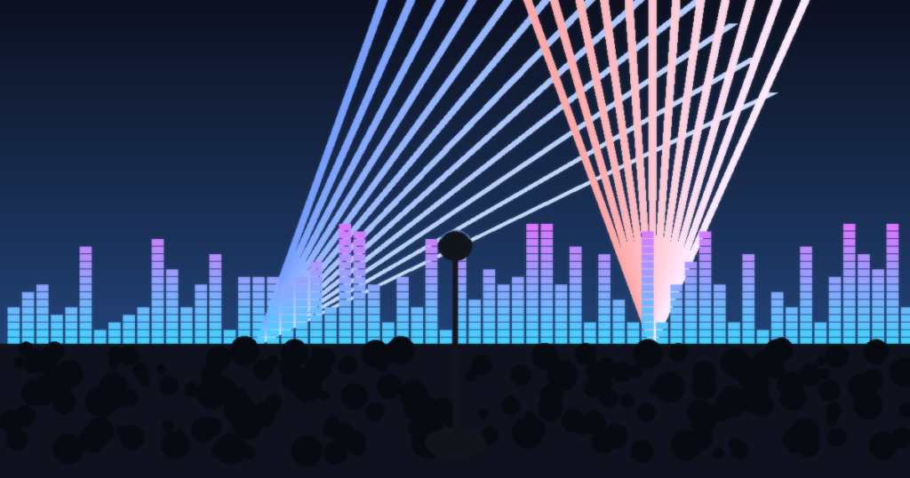 ネオンのステージライトとマイクのシルエット、観客のシルエットを描いたライブ番組用サムネイル（文字・ロゴなし）