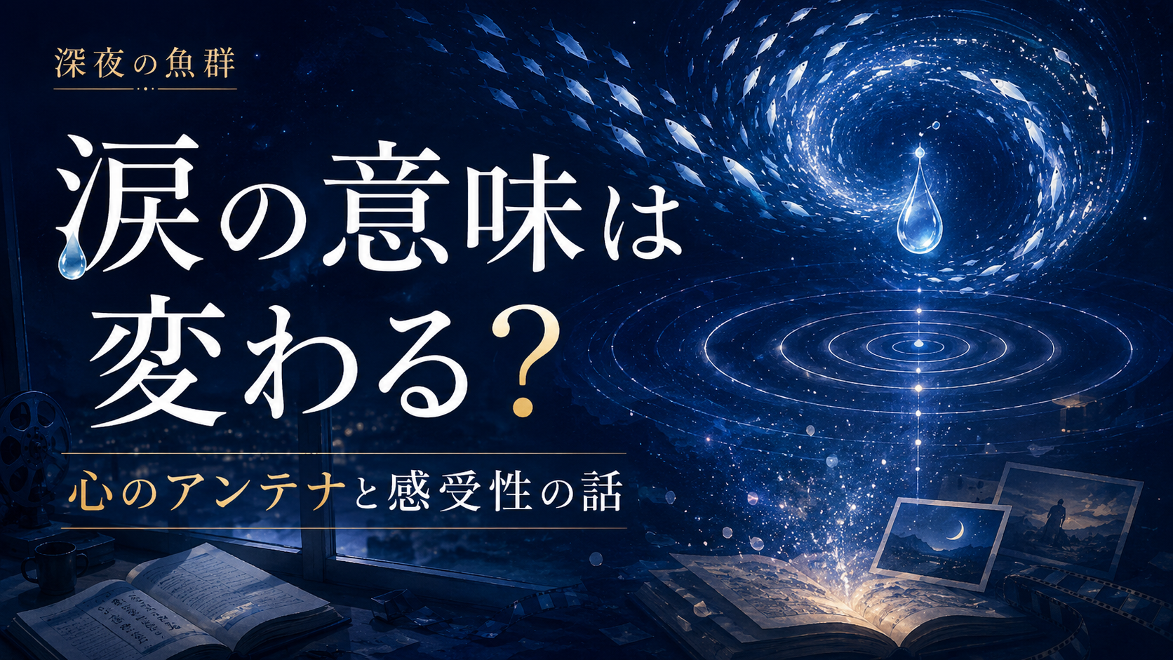 「涙の意味は変わる？」をテーマに、夜空を泳ぐ魚群と一滴の涙、波紋で心のアンテナと感受性を表現した深夜の魚群のアイキャッチ画像